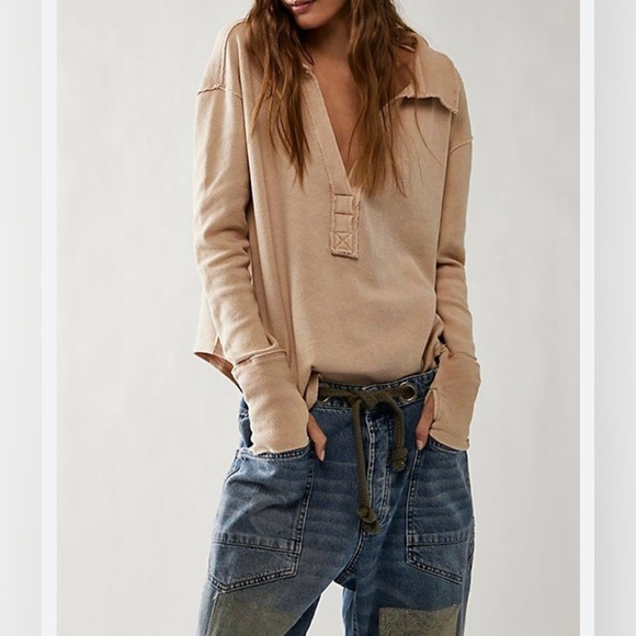 Free People Tops - Free People We The Free Anakin Thermal tan collared v-neck exposed seam small